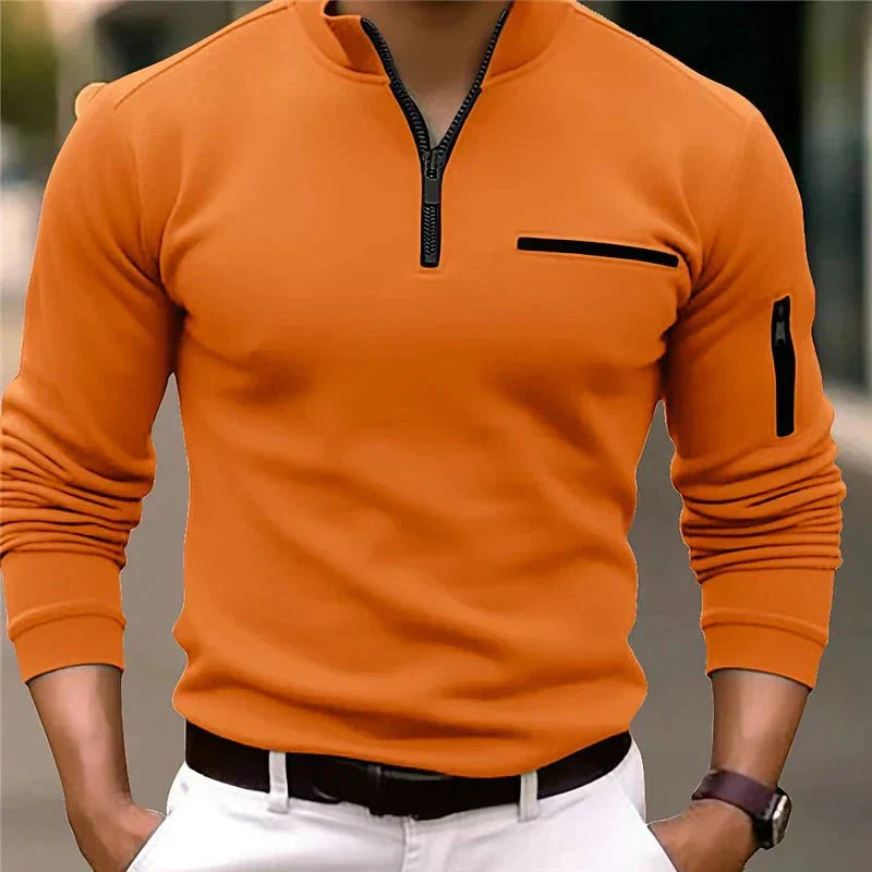 Regular fit men's quarter-zip sweater with a practical chest pocket, great for layering or everyday spring fashion.