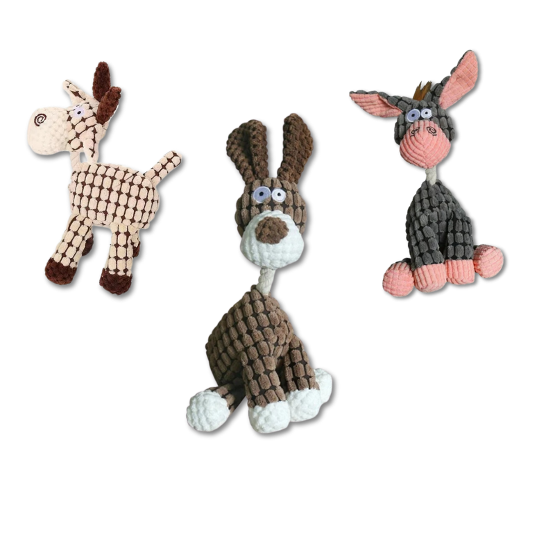 Set of 3 durable plush chew toys for dogs. Squeaky and interactive, perfect for energetic puppies and adult dogs.