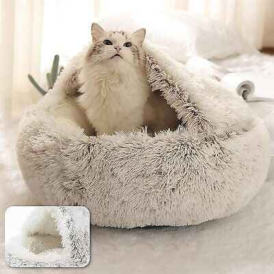 Warm plush cat cuddle cave, an inviting 2-in-1 round pet bed and hideaway for ultimate feline relaxation.