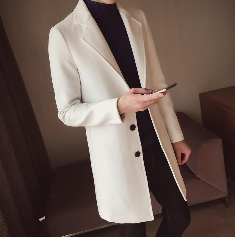 Men's elegant slim fit long overcoat in classic formal style, perfect for sophisticated winter outerwear.