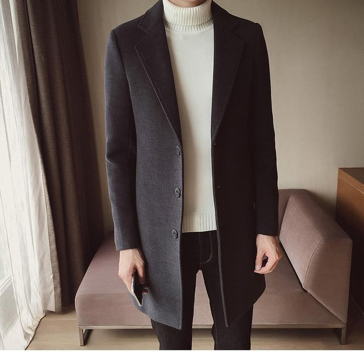 Sophisticated men's tailored long overcoat; slim fit, classic, and elegant formal outerwear.
