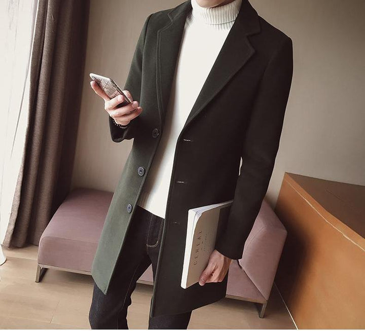 Warm men's elegant winter long overcoat, slim fit tailored design for classic formal outerwear.