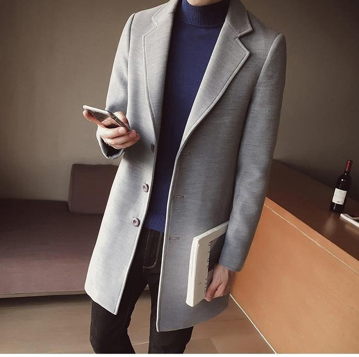 Stylish men's long winter overcoat, slim fit and elegant, a timeless piece for formal outerwear.
