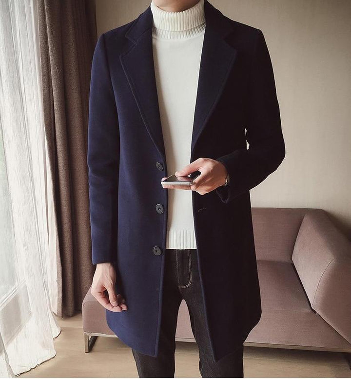 Luxurious men's sophisticated long overcoat, slim fit, elegant formal and smart casual winter outerwear.