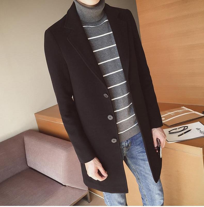 Versatile men's slim fit long overcoat for formal occasions or smart casual, elegant winter outerwear.