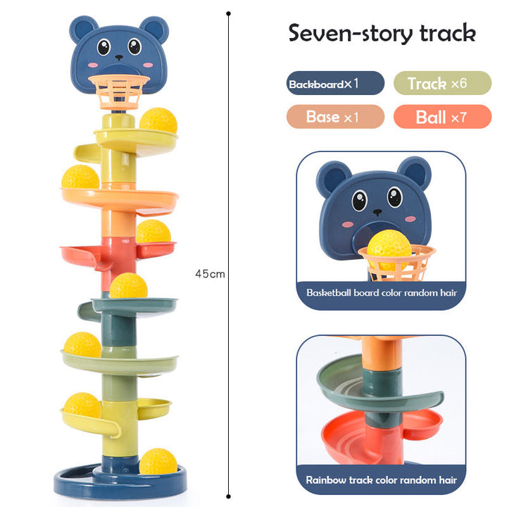 Kids' educational swirling ball drop tower. Engaging sensory & fine motor learning toy for toddlers.