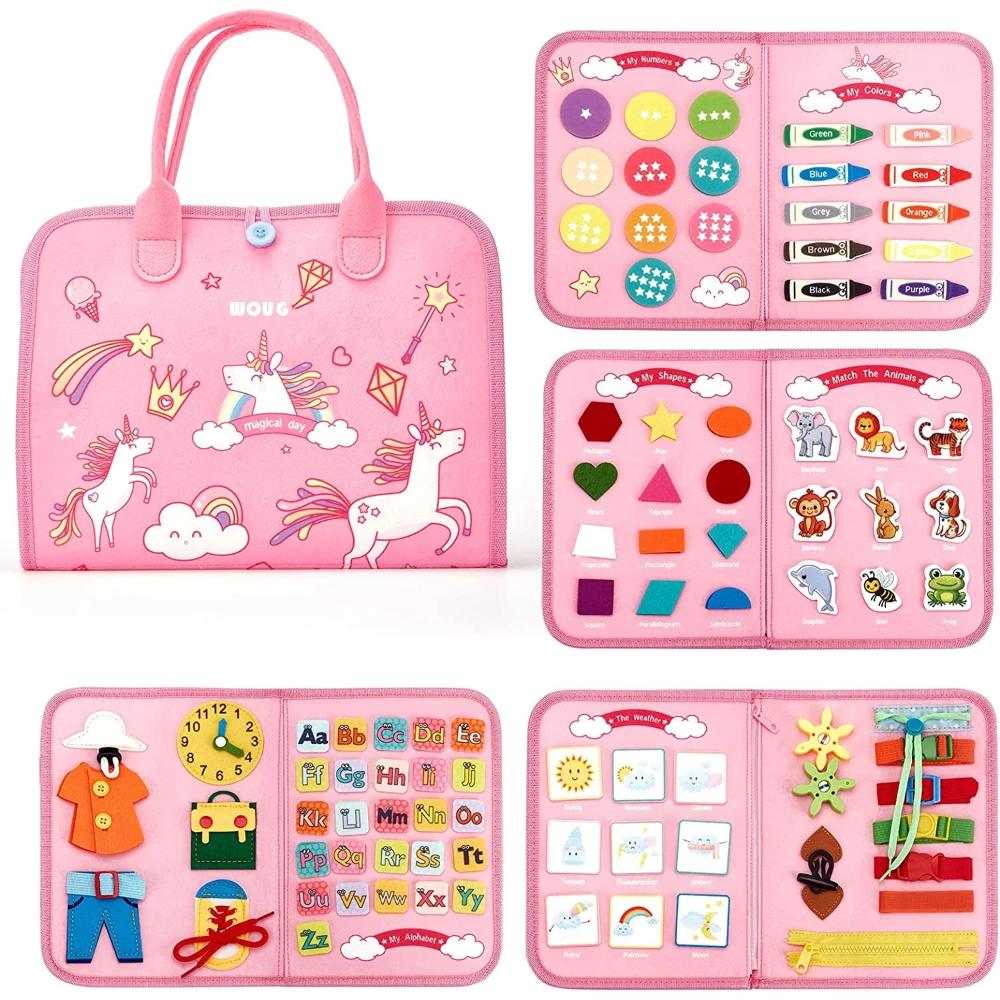 Toddler Montessori Busy Board, an educational activity toy for fine motor skill development & early learning for kids.