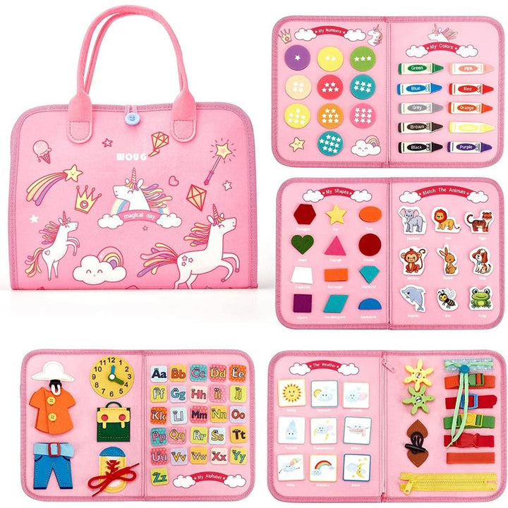 Toddler Montessori Busy Board, an educational activity toy for fine motor skill development & early learning for kids.