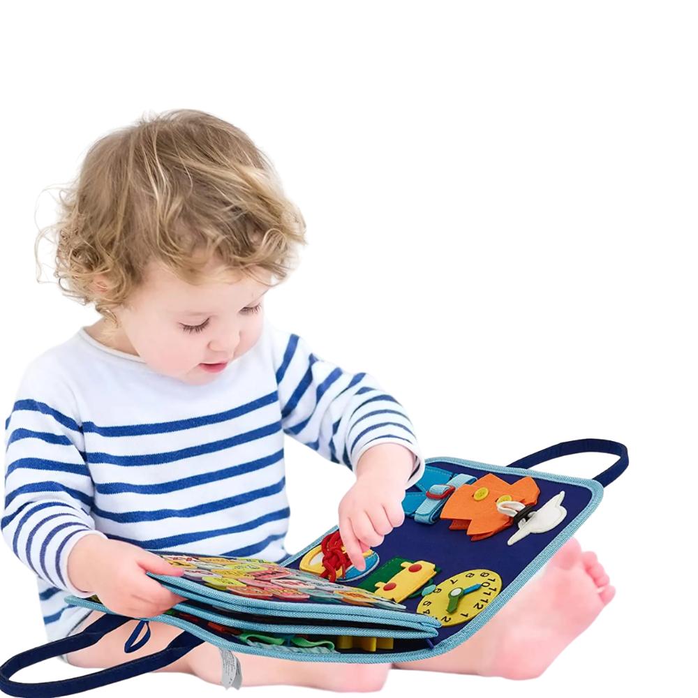 Educational busy board for toddlers, a Montessori activity toy designed for fine motor skill training & preschool kids.