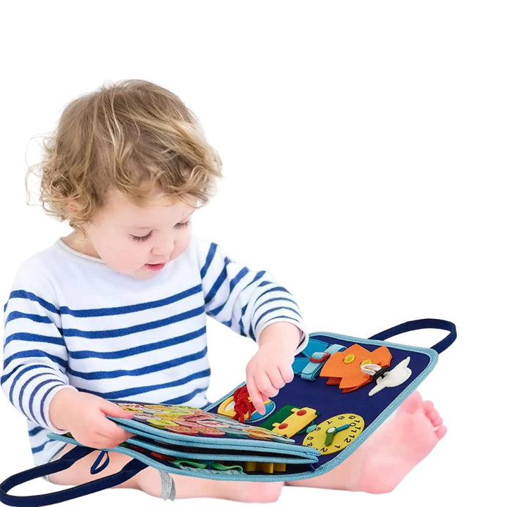 Educational busy board for toddlers, a Montessori activity toy designed for fine motor skill training & preschool kids.