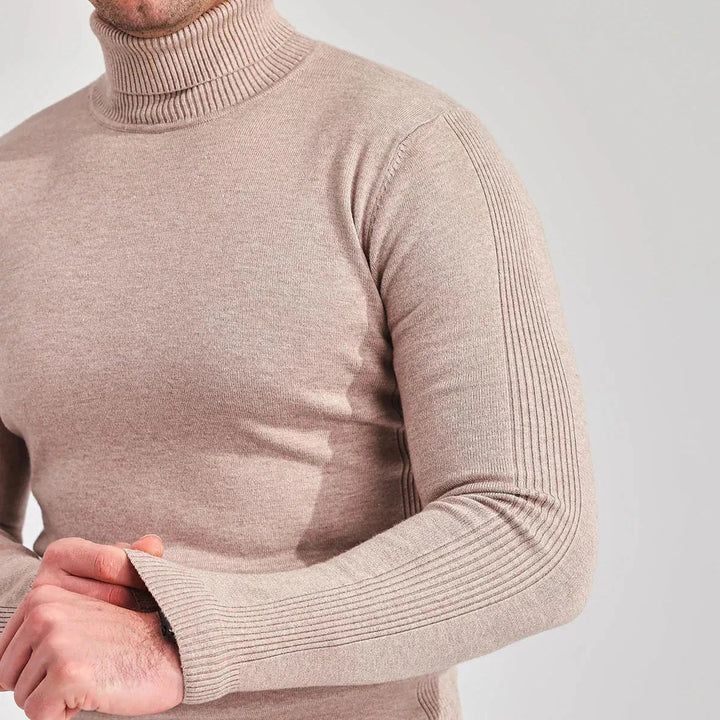 Cozy men's roll neck sweater, perfect for comfortable and stylish cold-weather fashion.