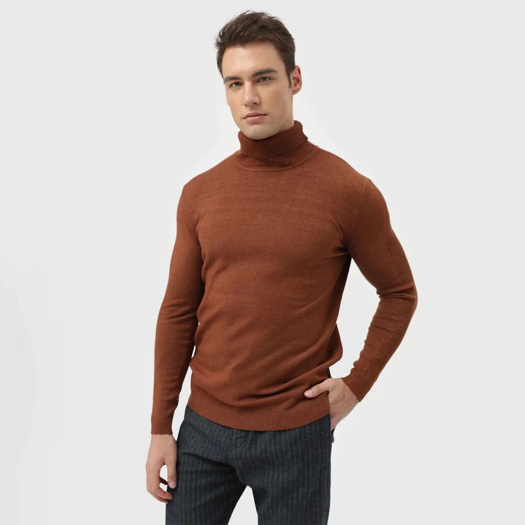 Smart men's turtleneck knitwear, offering versatile styling for winter fashion.