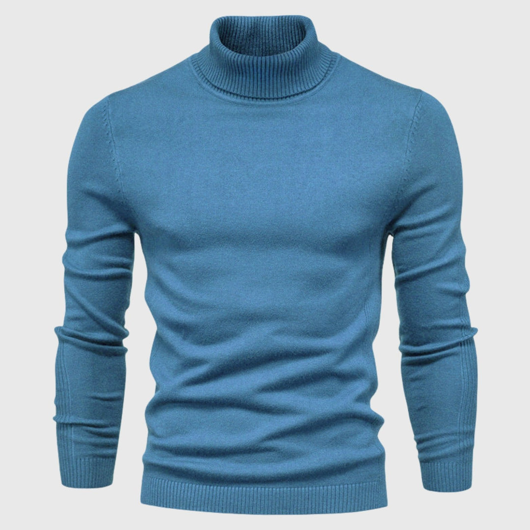 Comfortable men's long sleeve roll neck, classic knitwear for smart casual elegance.