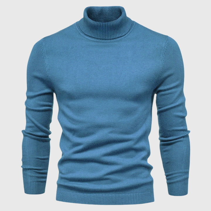 Comfortable men's long sleeve roll neck, classic knitwear for smart casual elegance.