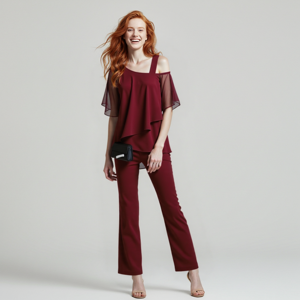 Modern dark blue women's two-piece set with a draped design & flowy wide-leg pants, ideal for comfort.