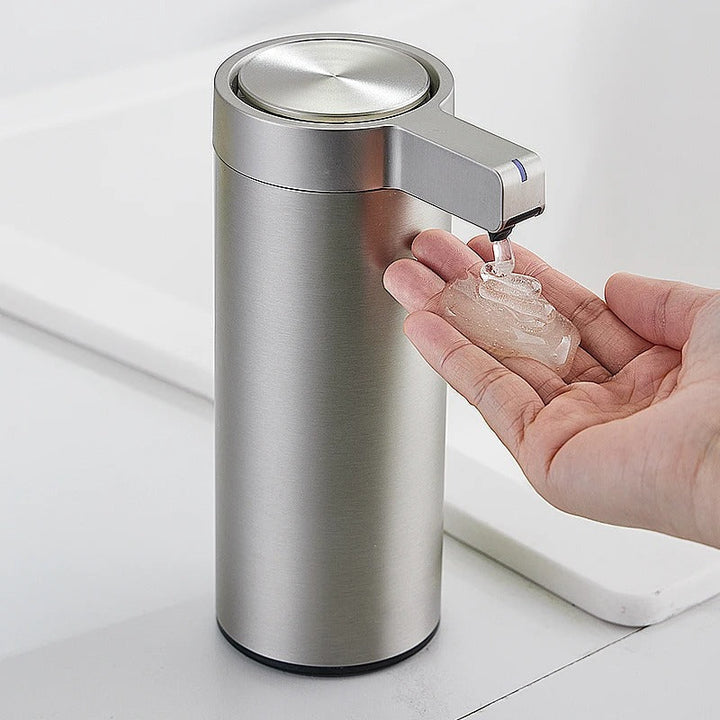Touchless stainless steel soap dispenser with sleek design and motion sensor, suitable for kitchen and bathroom use.