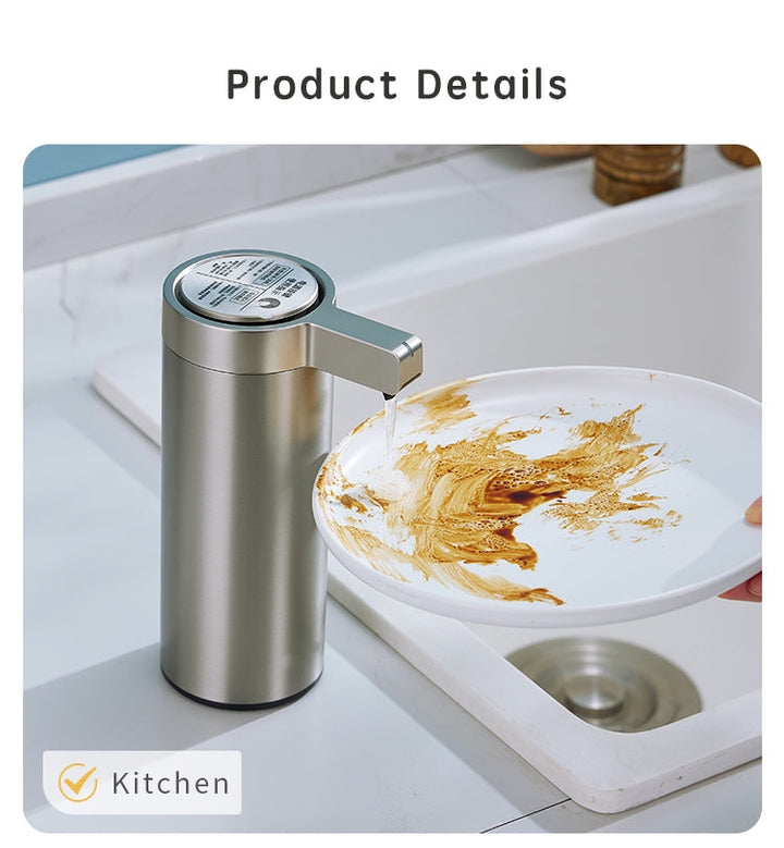 Touchless stainless steel soap dispenser with sleek design and motion sensor, suitable for kitchen and bathroom use.