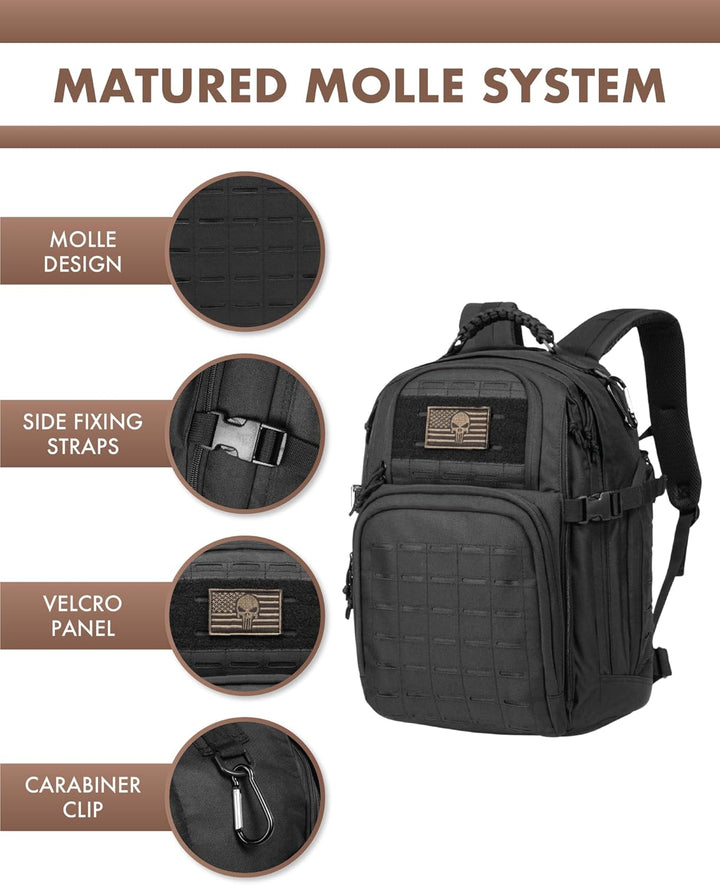 Essential 35L outdoor tactical backpack, Molle compatible, designed for comfort and laptop protection.