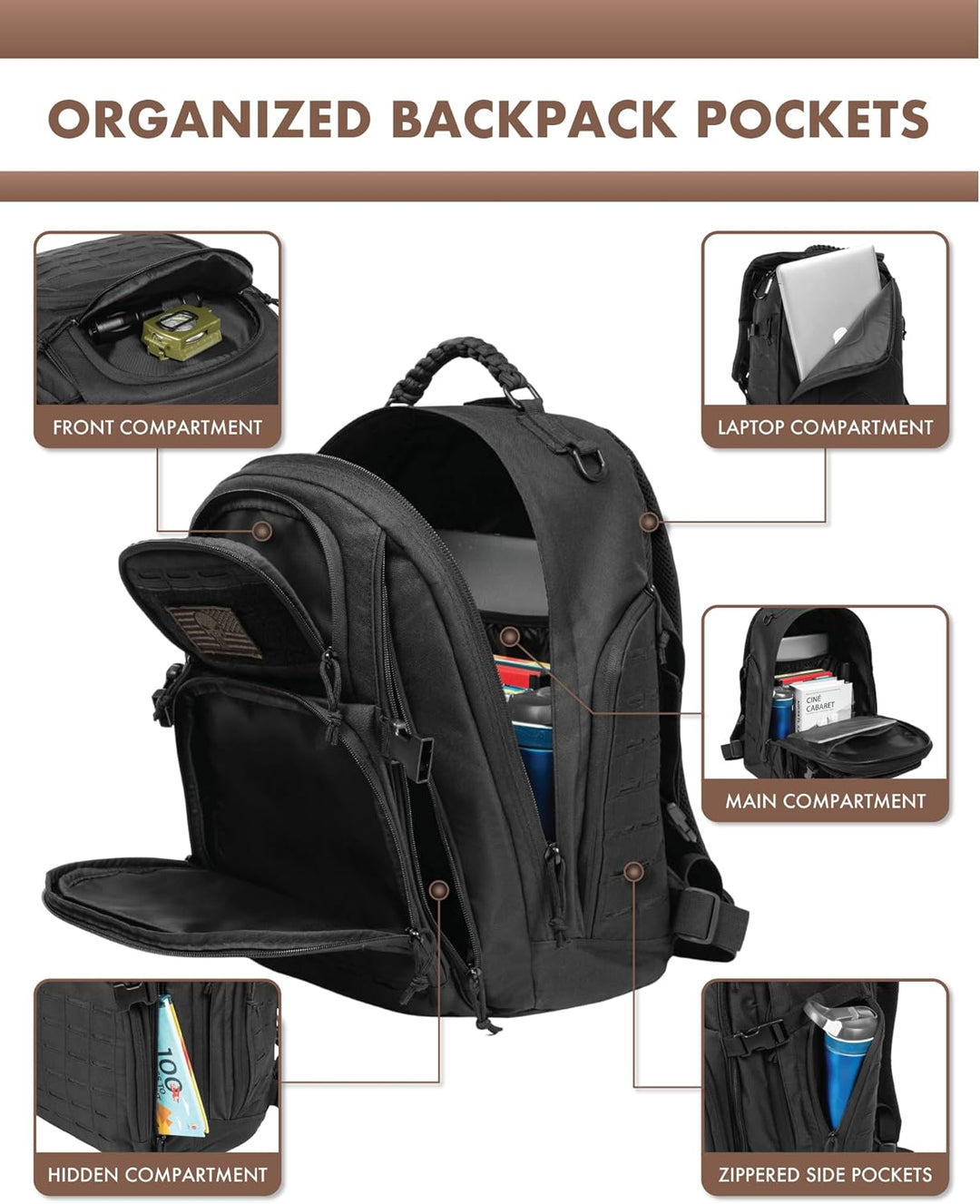 High-capacity 35L tactical hiking pack, durable fabric, Molle system, and integrated laptop section.