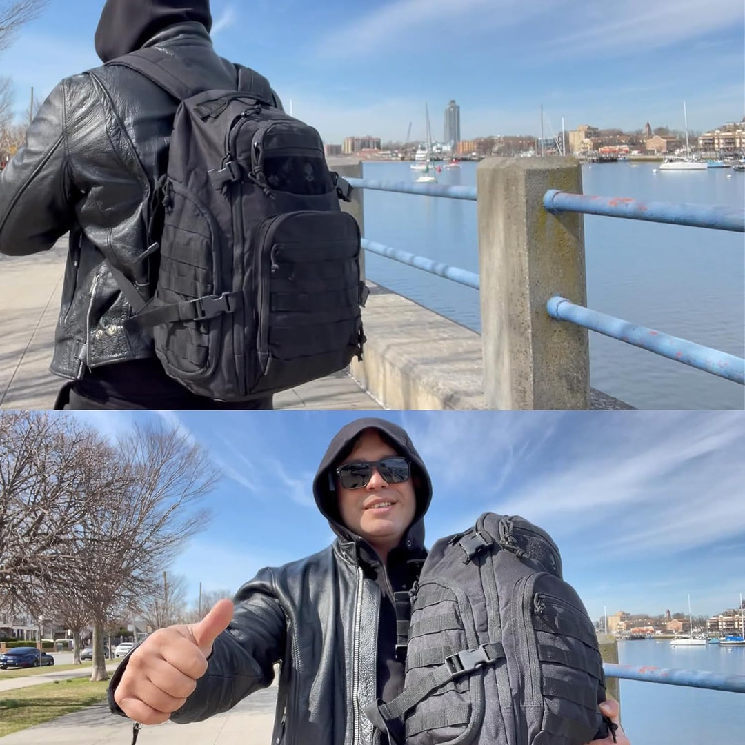 Rugged 35L tactical daypack with Molle webbing, perfect for hiking, camping, and daily utility.