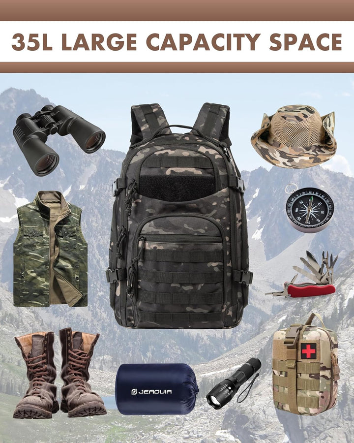 Open 35L tactical backpack revealing laptop compartment, ample storage for outdoor essentials.