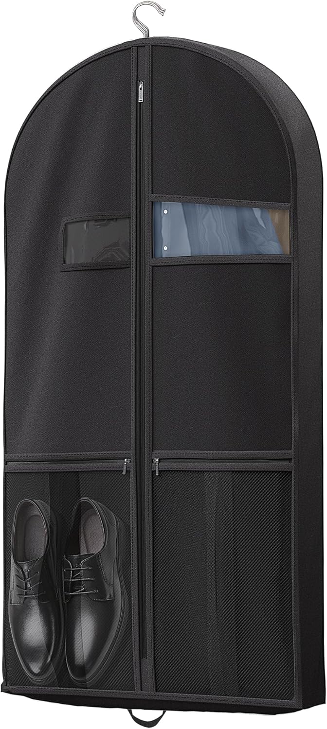 Heavy-duty suit & dress bag with clear view window & integrated accessory pockets.