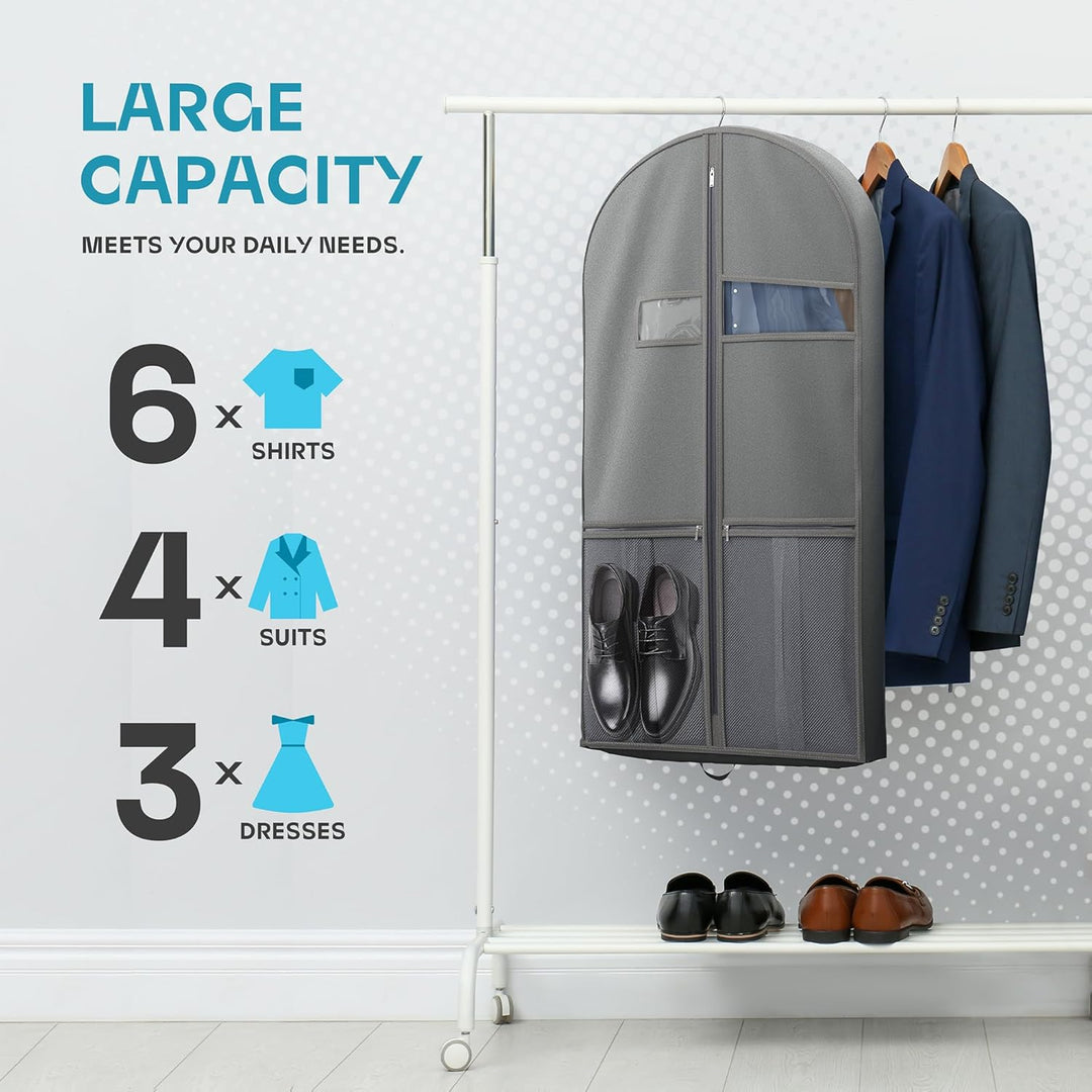Stylish heavy-duty garment travel bag. Clear window & multiple pockets for shoes/accessories.