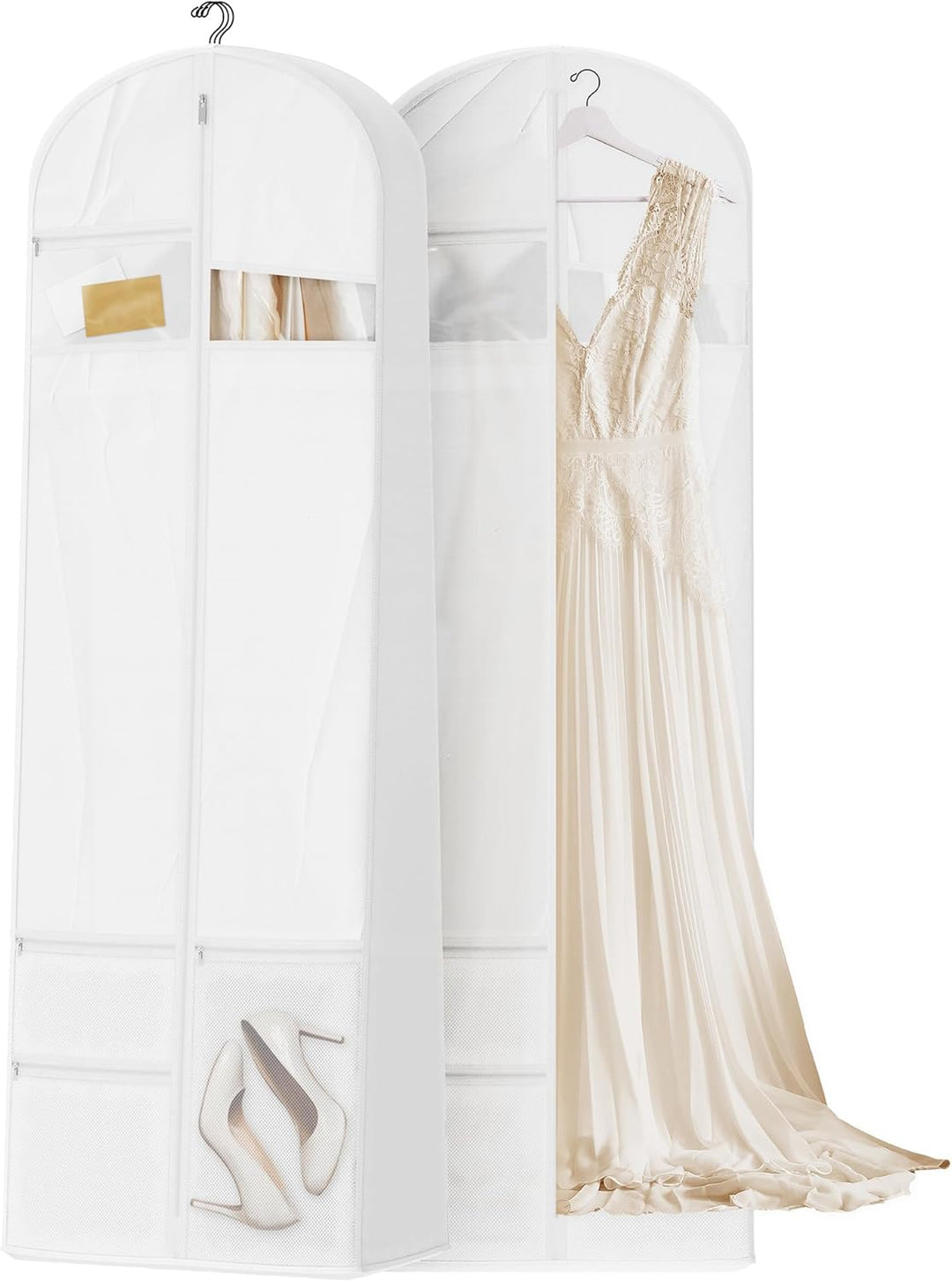 Smart storage: Heavy-duty garment bag with a clear window and multiple accessory pockets.
