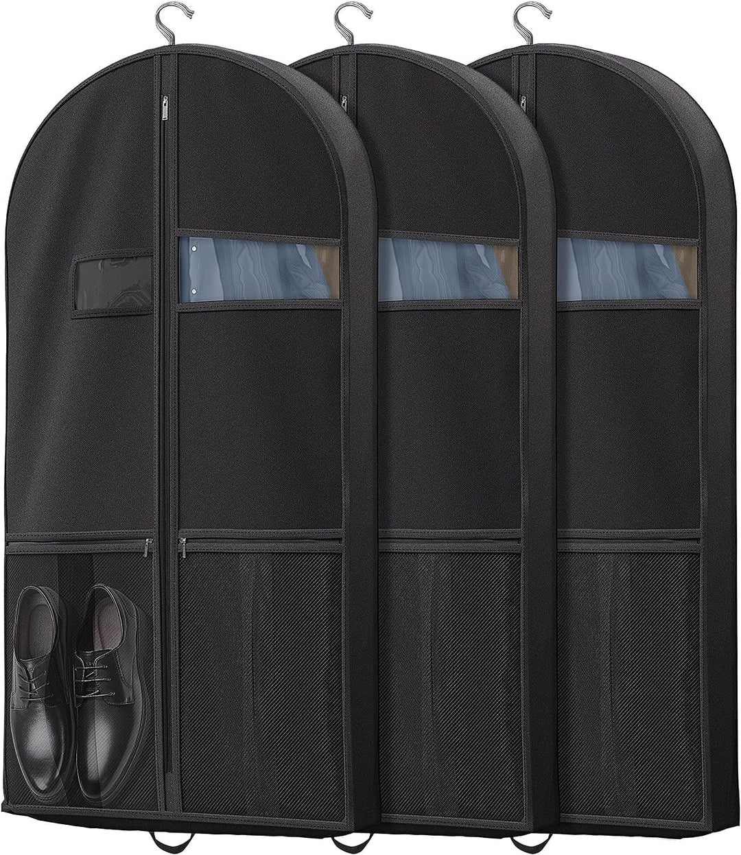 Heavy-duty unisex garment travel bag with clear window & accessory pockets. Protects suits & dresses.