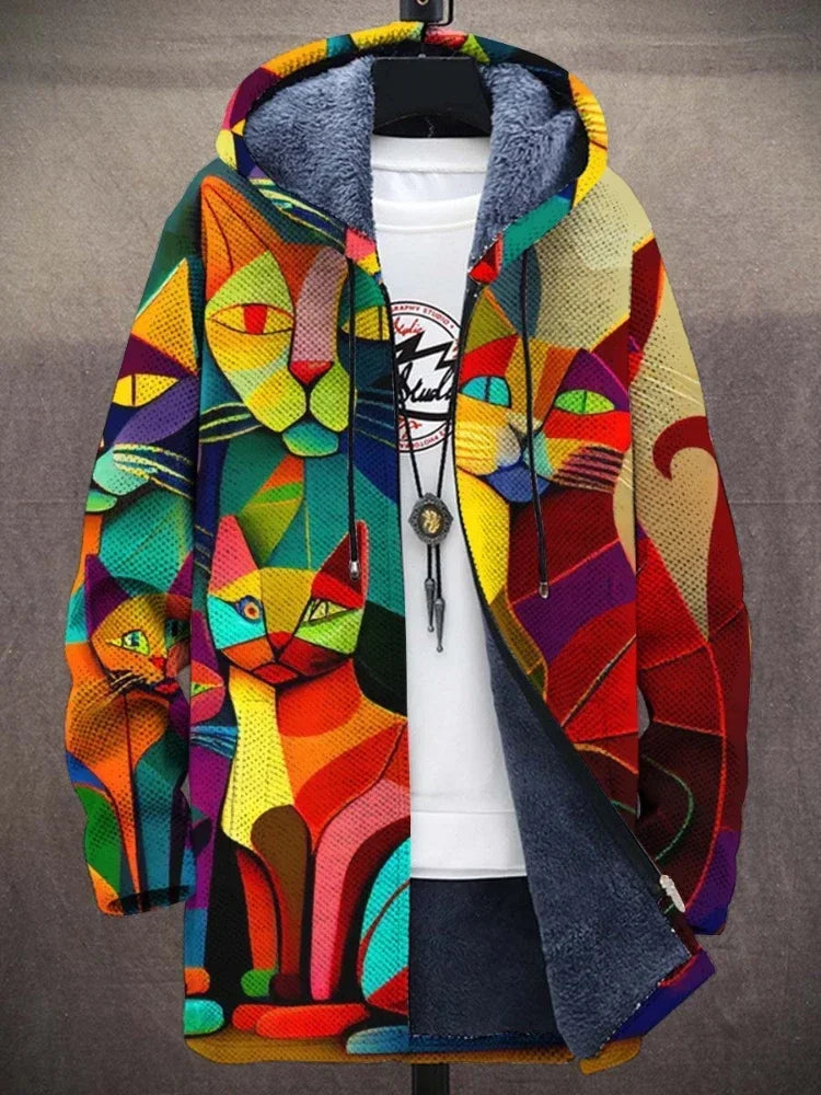 Unique women's fashion jacket with vibrant artistic print. Trendy outerwear, ideal for a stylish statement.