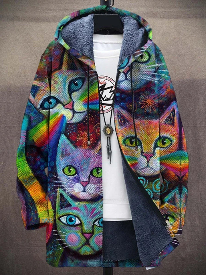 Detailed women's jacket showcasing an elegant artistic print. Comfortable and trendy unique fashion outerwear.