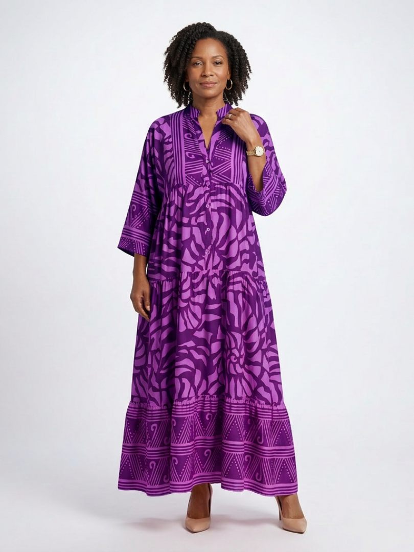 Elbow sleeve button-front midi dress for women. Relaxed fit, casual style, great for summer travel.