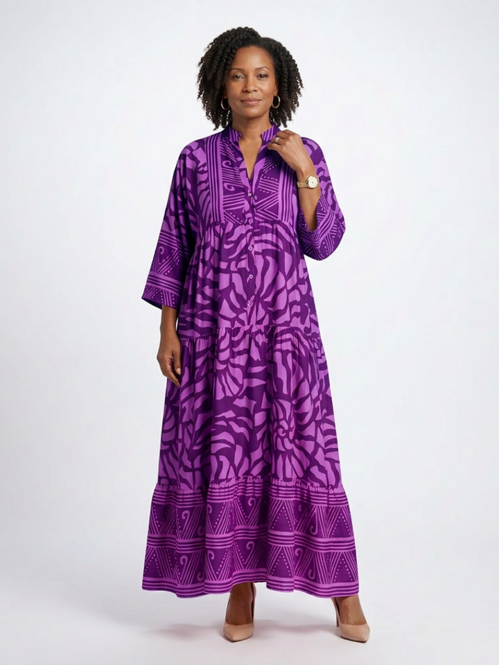 Elbow sleeve button-front midi dress for women. Relaxed fit, casual style, great for summer travel.