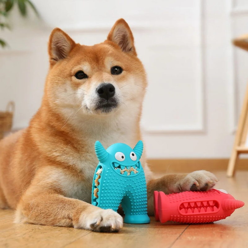 Two interactive dog chew toys for dental health, perfect for aggressive chewers & fun play. Silicone, boredom buster.