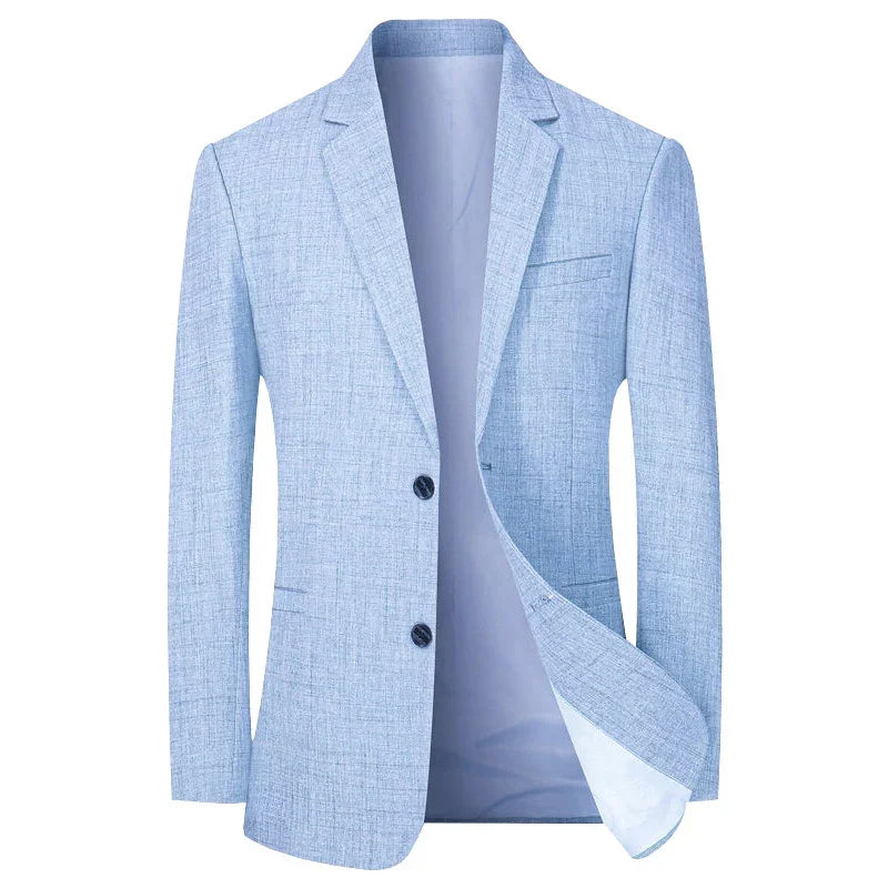 Sophisticated beige men's slim fit blazer. Versatile tailored jacket for formal, business, or stylish modern outfits.