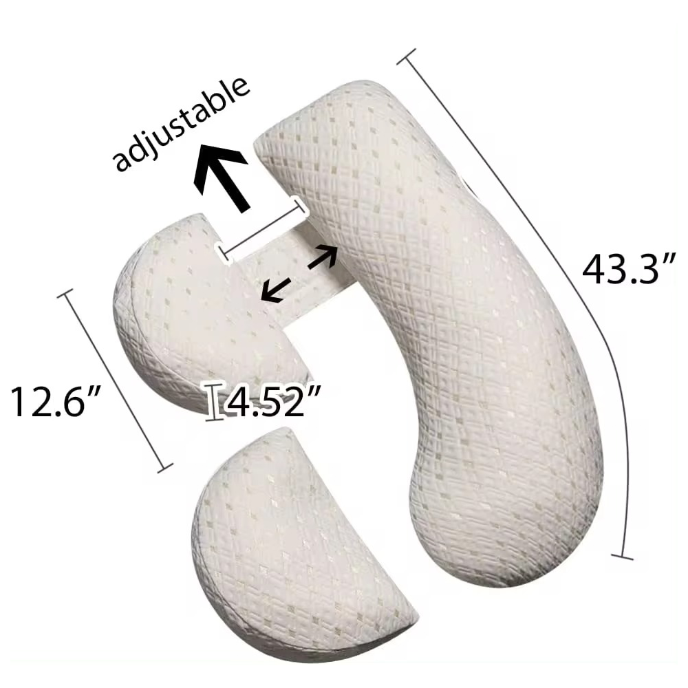 U-Shaped maternity pillow in white, offers full-body support for head, neck, back, belly, and legs with hypoallergenic fabric