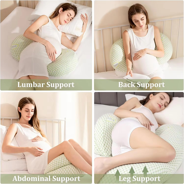 U-Shaped maternity pillow in white, offers full-body support for head, neck, back, belly, and legs with hypoallergenic fabric