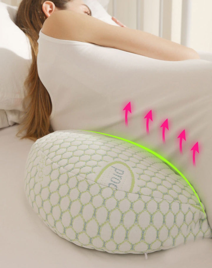 U-Shaped maternity pillow in white, offers full-body support for head, neck, back, belly, and legs with hypoallergenic fabric