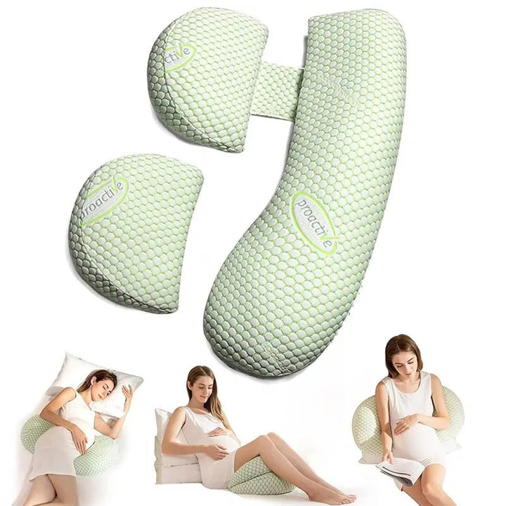 U-Shaped maternity pillow in white, offers full-body support for head, neck, back, belly, and legs with hypoallergenic fabric