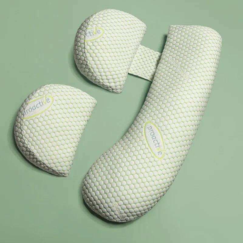 U-Shaped maternity pillow in white, offers full-body support for head, neck, back, belly, and legs with hypoallergenic fabric