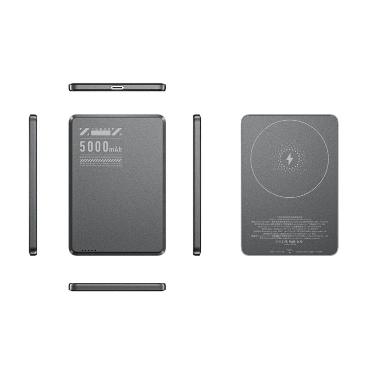 Ultra-slim aluminum power bank with sleek design, available in black, gray, or purple; ideal for portable device charging.