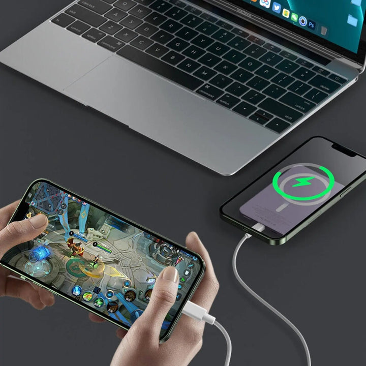 Ultra-slim magnetic wireless power bank for iPhones, 5000/10000mAh, sleek design, in Black, Green, Purple.