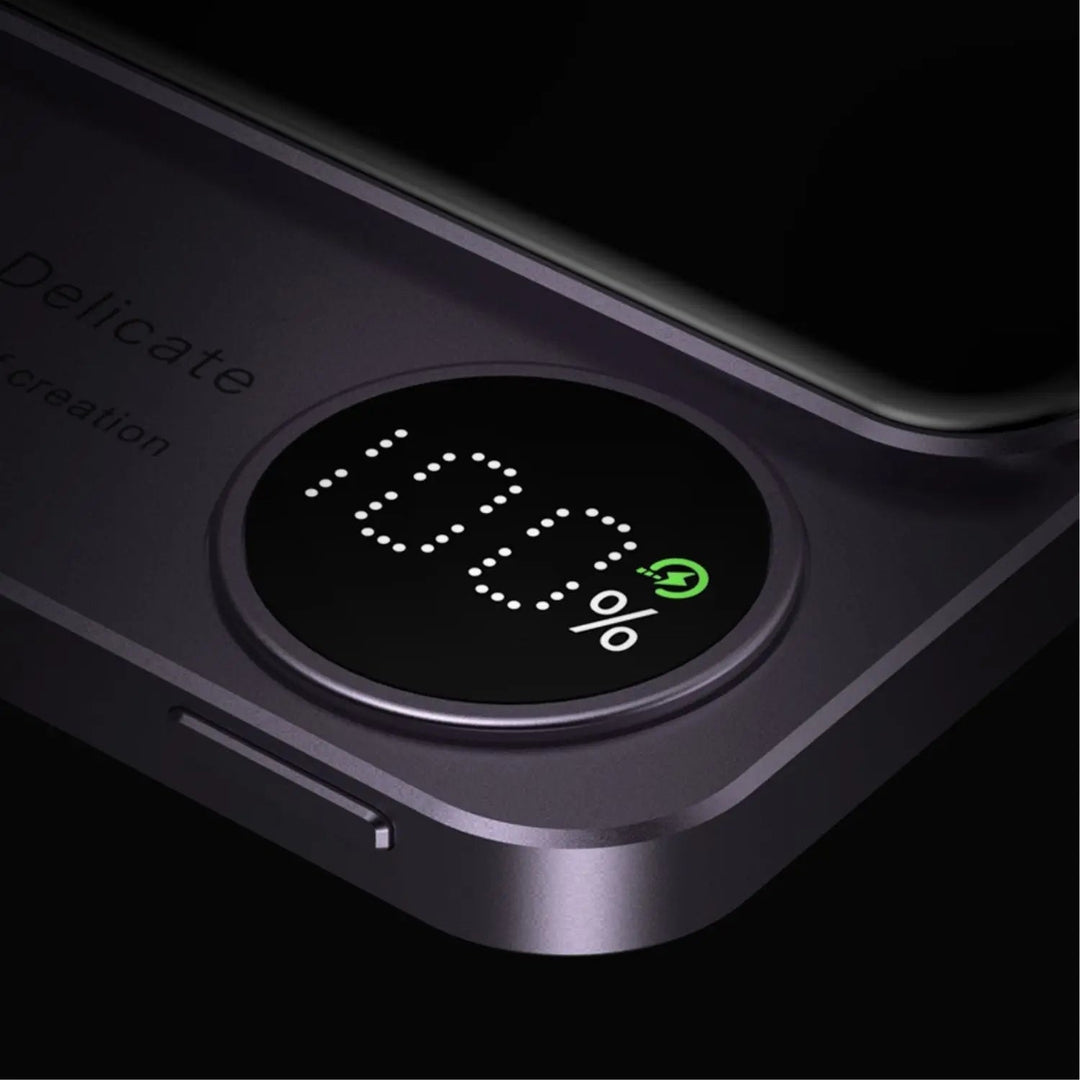 Ultra-slim magnetic wireless power bank for iPhones, 5000/10000mAh, sleek design, in Black, Green, Purple.