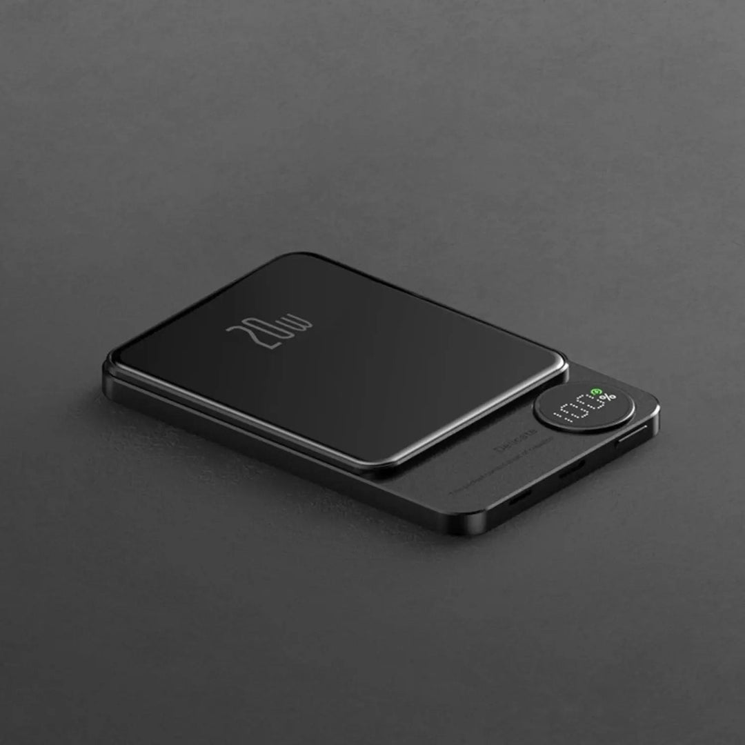 Ultra-slim magnetic wireless power bank for iPhones, 5000/10000mAh, sleek design, in Black, Green, Purple.