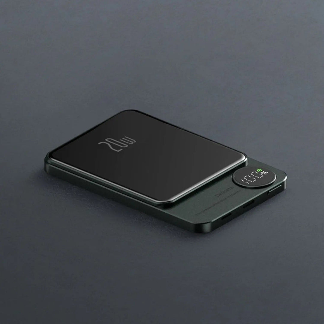 Ultra-slim magnetic wireless power bank for iPhones, 5000/10000mAh, sleek design, in Black, Green, Purple.