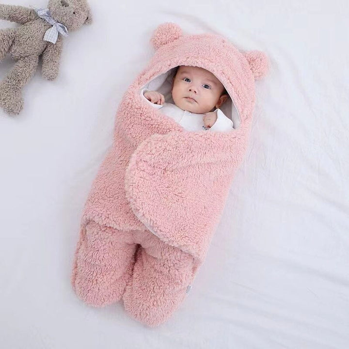 Perfect newborn gift: ultra soft bear ear quilted swaddle & sleeping bag for cozy baby winter sleep. Unisex.