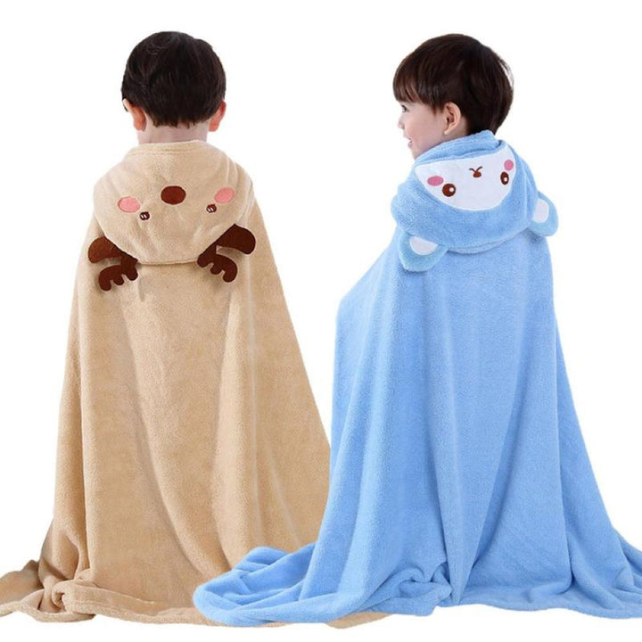 Absorbent brown coral fleece hooded baby towel with a playful animal design, perfect for toddler and infant bath time.