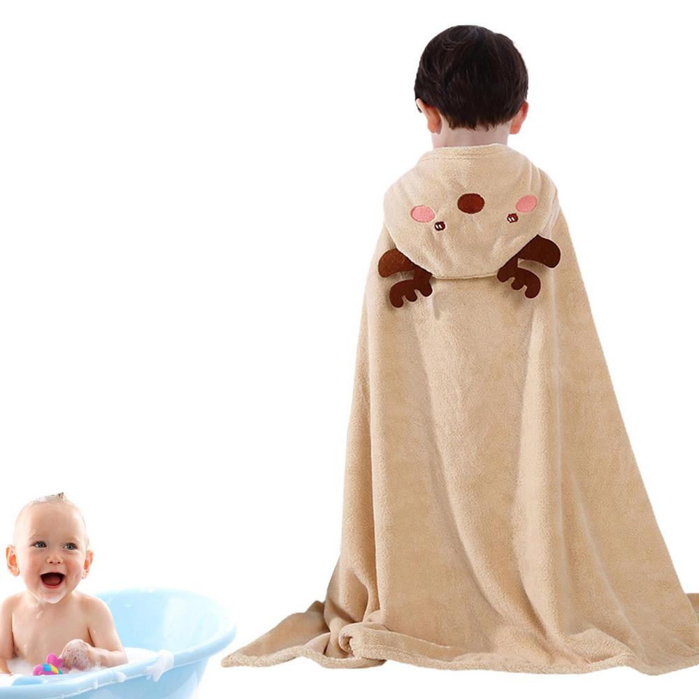Cozy hooded baby towel in soft coral fleece with an adorable animal design, available in blue or brown for infants.