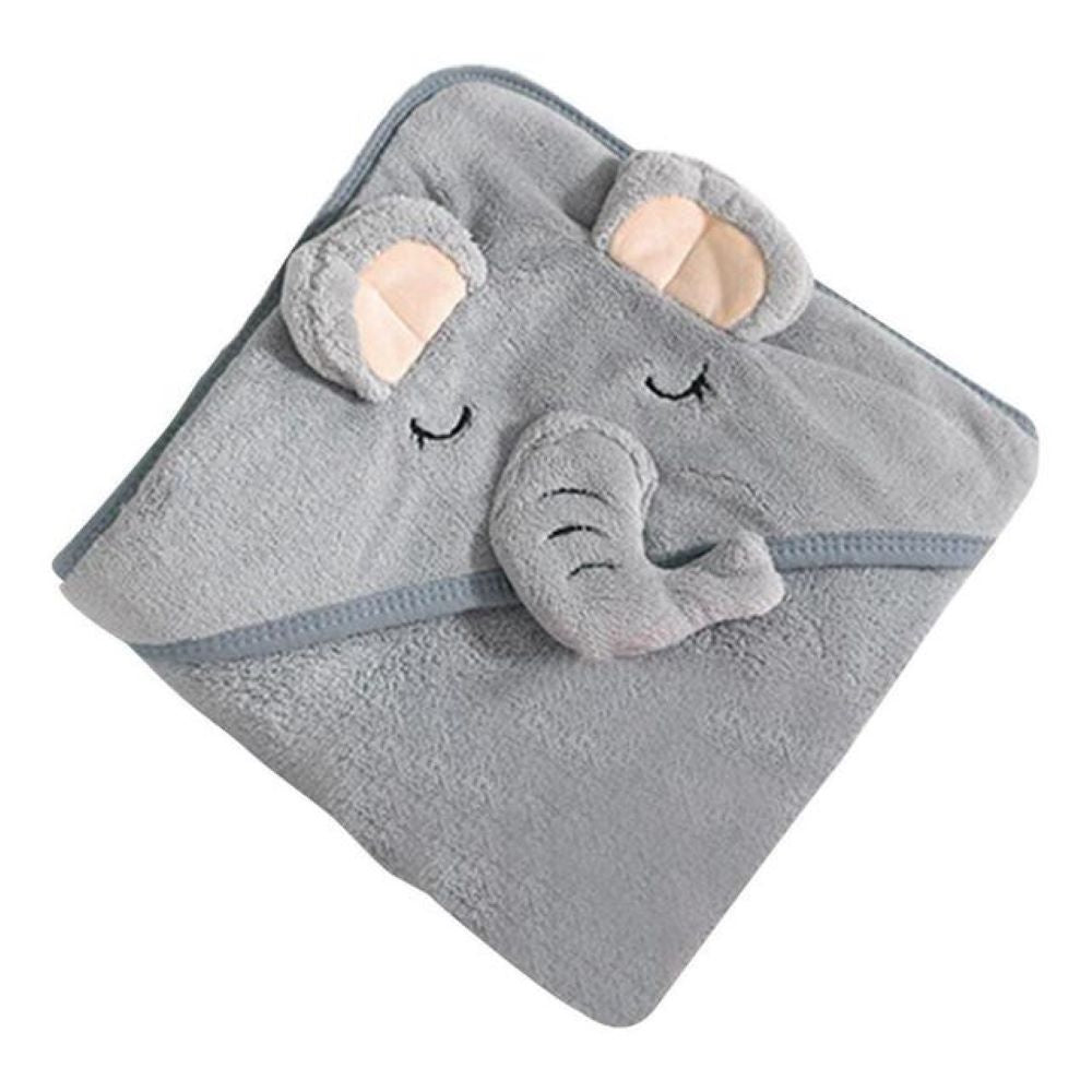 Absorbent coral fleece baby hooded towel, polyester cotton blend, designed for cozy and quick drying after infant bath.