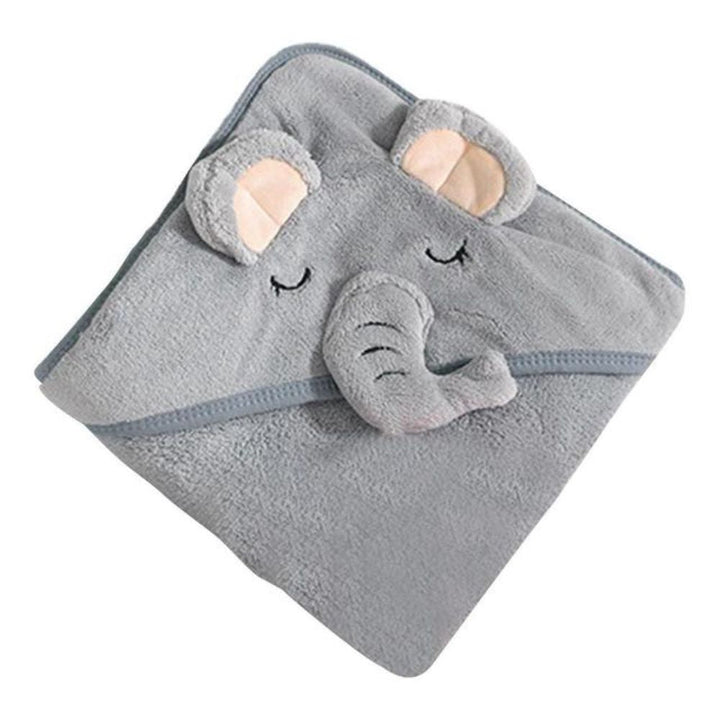 Absorbent coral fleece baby hooded towel, polyester cotton blend, designed for cozy and quick drying after infant bath.